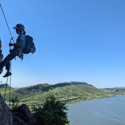 Guided cliff rappelling and climbing above Horsetooth Reservoir